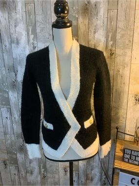 L'AGENCE Black and Cream Contrast-Trim Cardigan with Gold Buttons